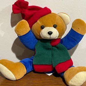 Vintage Main Joy Teddy Bear Plush Stuffed Animal Color Block Winter Clothes hole